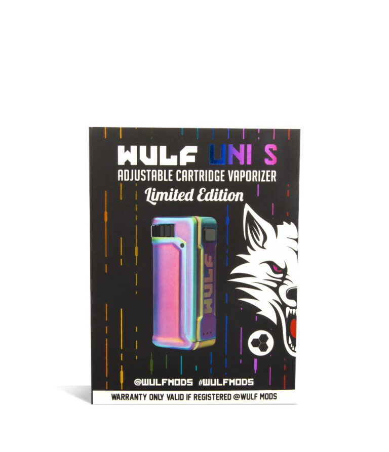 Full Color Box Wulf Mods UNI S Adjustable 510 Thread Battery on white studio background