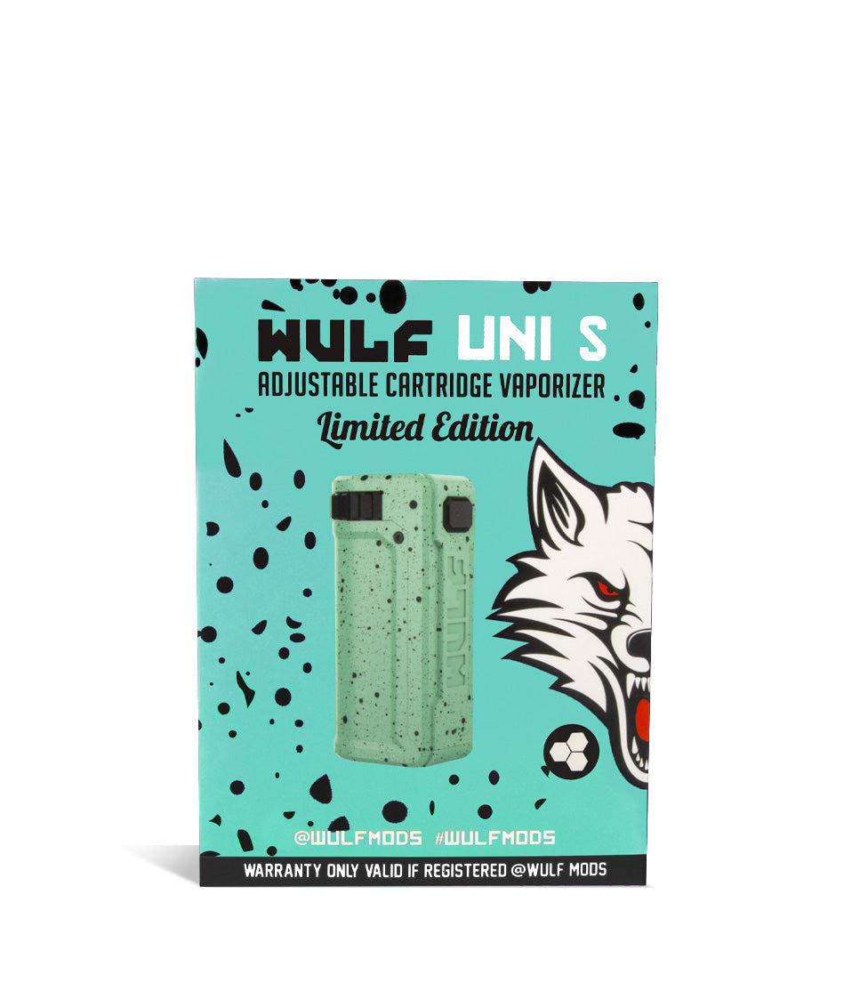 Teal Black Spatter Box Wulf Mods UNI S Adjustable 510 Thread Battery on white studio background