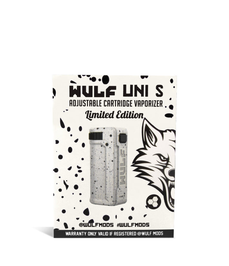 White Black Spatter Box Wulf Mods UNI S Adjustable 510 Thread Battery on white studio background