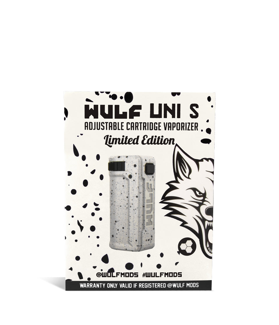 White Black Spatter Box Wulf Mods UNI S Adjustable 510 Thread Battery on white studio background