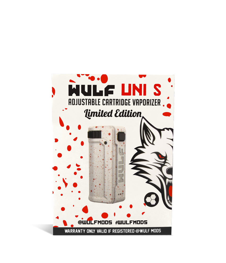 White Red Spatter Box Wulf Mods UNI S Adjustable 510 Thread Battery on white studio background