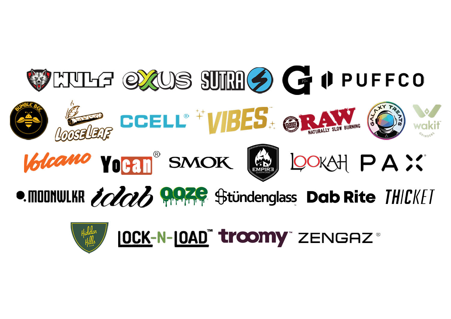 Logos of brands stocked by Got Vape including WULF, Exxus, Sutra, Puffco, RAW, Volcano, Yocan, SMOK, Lookah and PAX