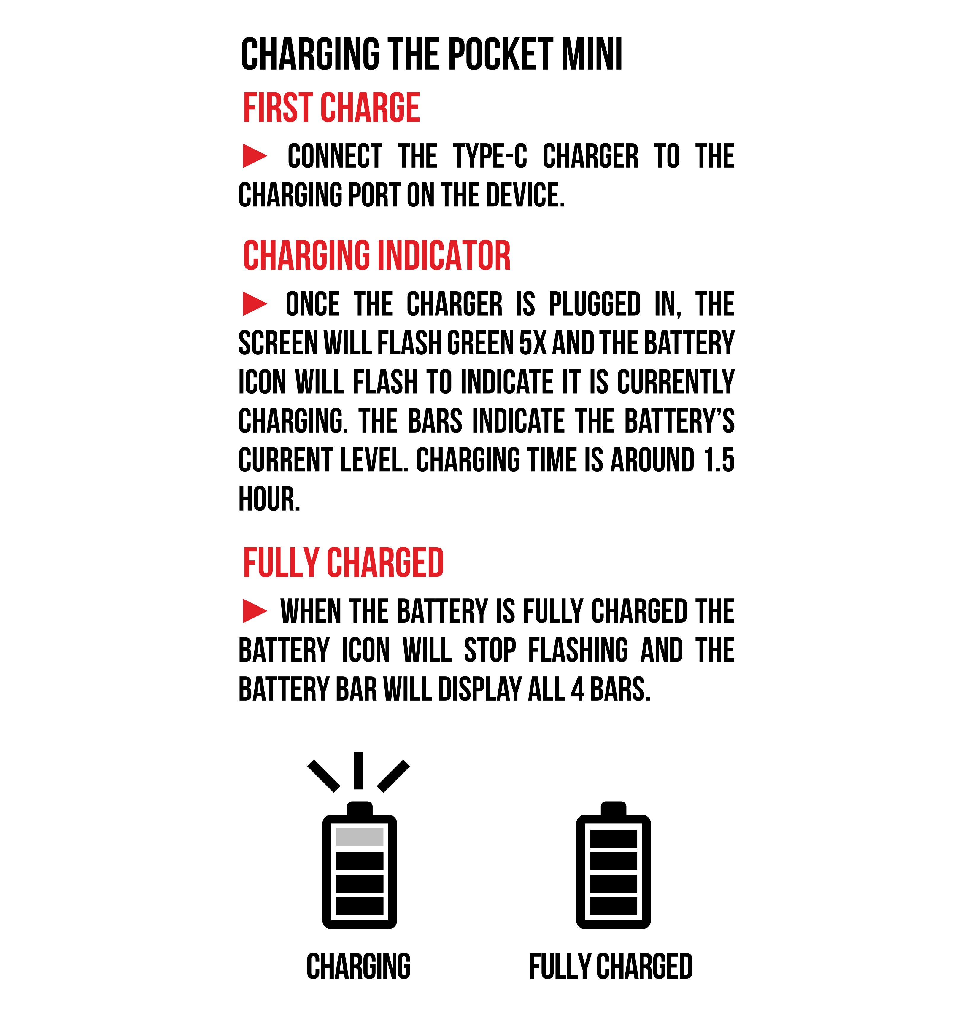 detailed instructions for how to charge the Wulf Pocket Mini