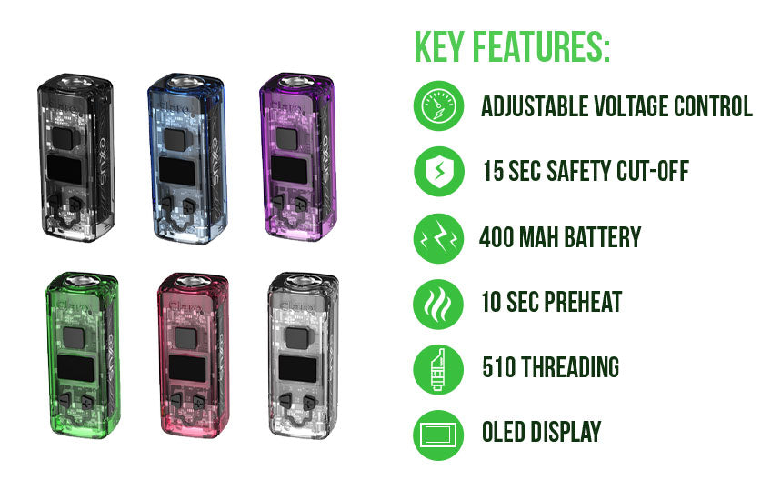 Exxus Claro key features: adjustable voltage control, 15 second safety cut off, 400mAh battery, 10 second preheat, 510 threading and OLED display