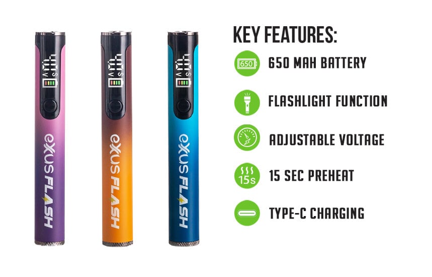 Exxus Flash key features: 650mAh battery, flashlight function, adjustable voltage, 15 second preheat and USB-C charging