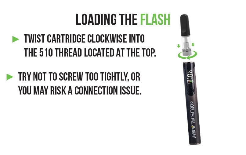 Exxus Flash loading guide: twist the cartridge clockwise into the 510 thread at the top without over tightening