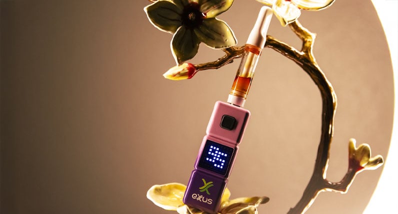 Exxus Stax 510 thread battery standing beside a gold ornament