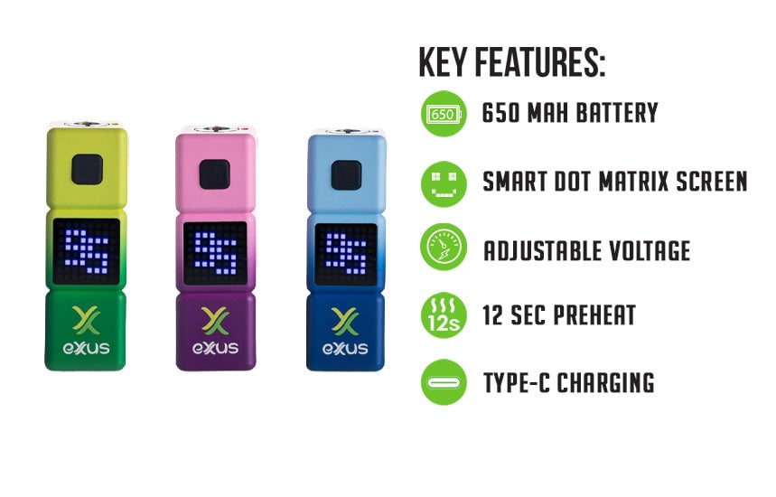 Exxus Stax key features: 650mAh battery, smart dot matrix screen, adjustable voltage, 12 second preheat and USB-C charging