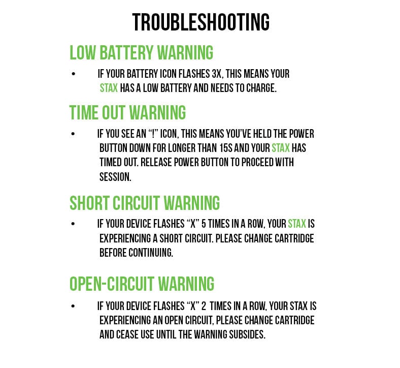 Exxus Stax troubleshooting guide covering low battery, time out, short circuit and open circuit warnings