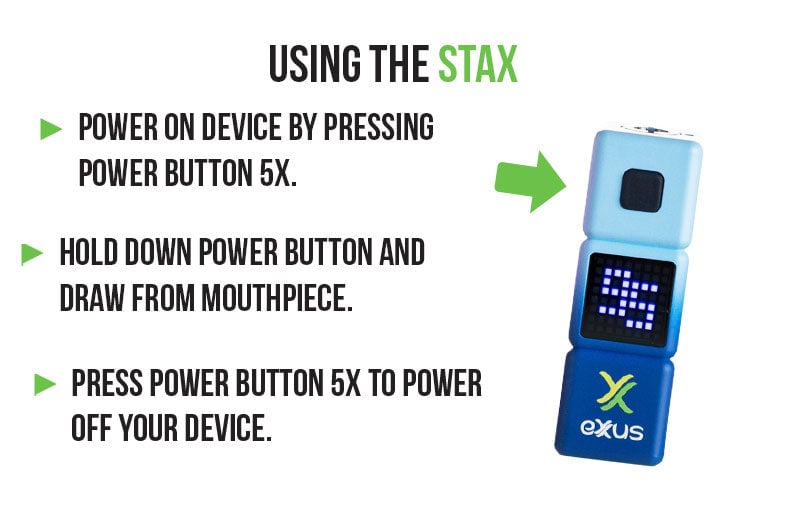 Exxus Stax usage guide: press the power button five times to power on, hold and draw from the mouthpiece, press five times to power off