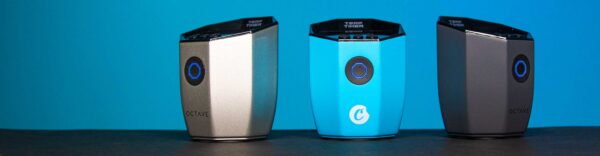 Octave Terp Timers standing on black table with blue background