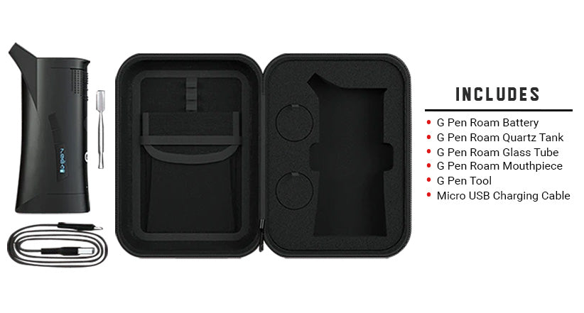 What's included in the G Pen Roam Vaporizer on white background.
