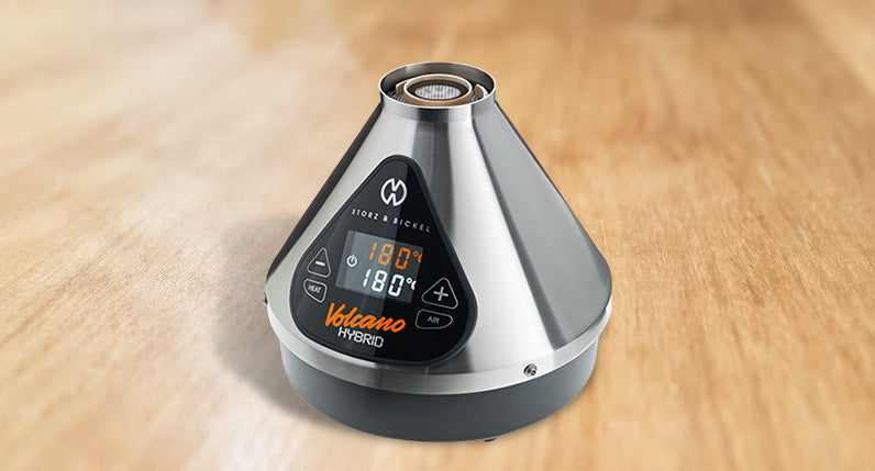 Above view of the Storz & Bickel Volcano Hybrid on wooden table.