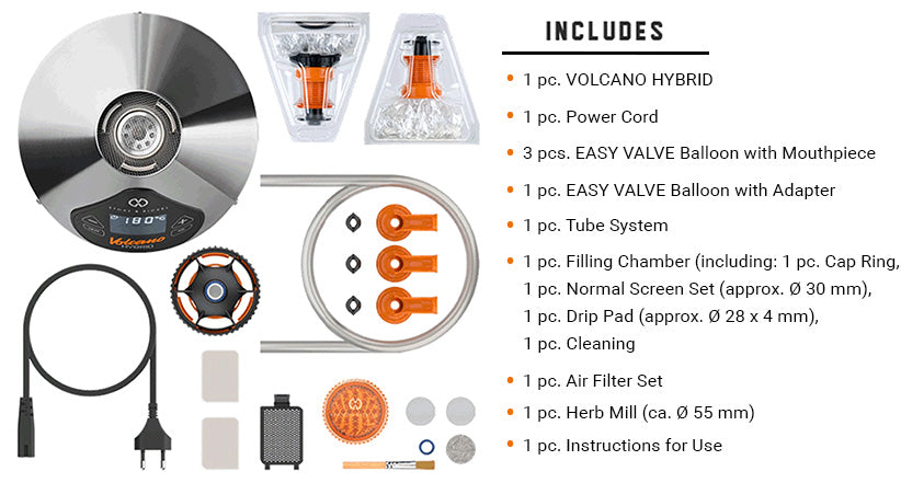 What's included with the Volcano Hybrid Vaporizer on white background.