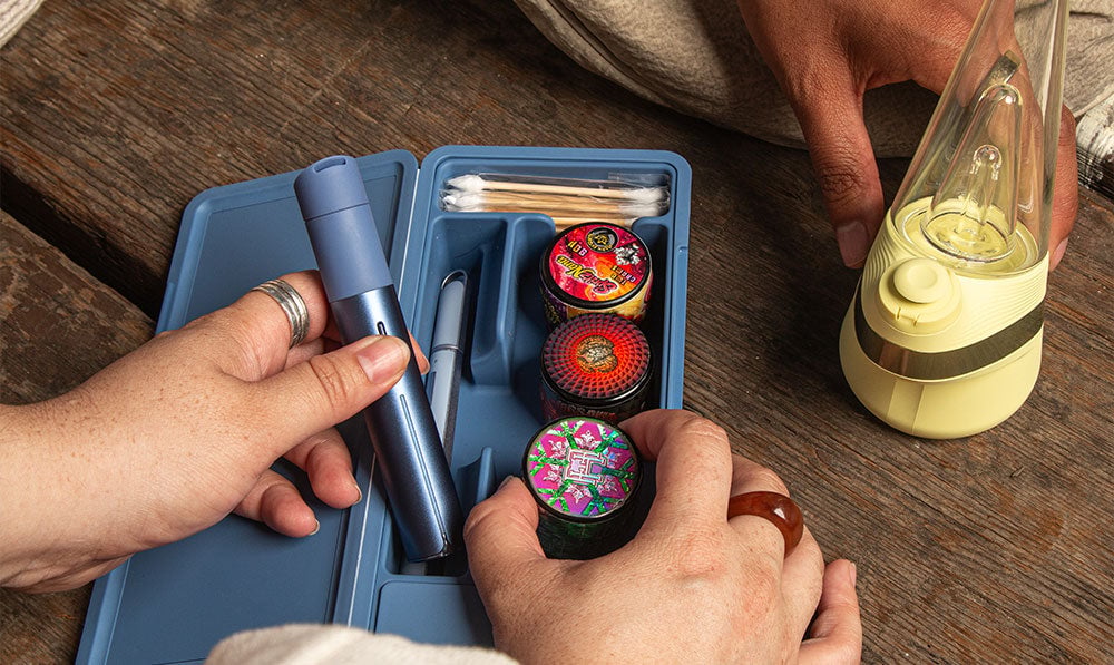 different concentrates packed in a puffco travel case