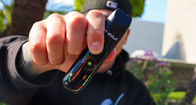 Hand holding a rainbow WULF Budr portable concentrate vaporizer outdoors