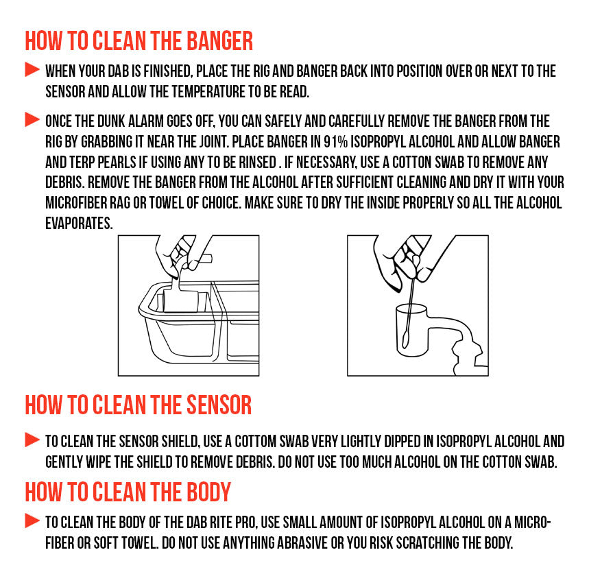 WULF Dab Rite Pro cleaning guide covering how to clean the banger, the sensor and the body of the device