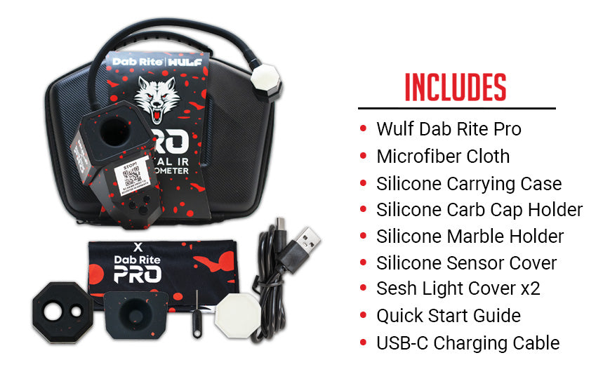WULF Dab Rite Pro box contents including the device, microfibre cloth, silicone carrying case, carb cap holder, marble holder, light cover, quick start guide and USB-C charging cable