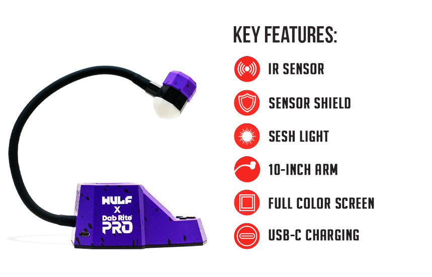 WULF Dab Rite Pro key features: IR sensor, sensor shield, sesh light, 10 inch arm, full colour screen and USB-C charging