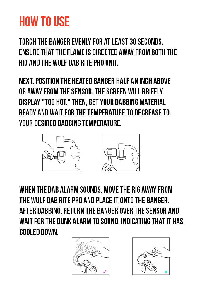 WULF Dab Rite Pro usage guide explaining how to heat the banger evenly, position the sensor and wait for the dab alarm before dabbing