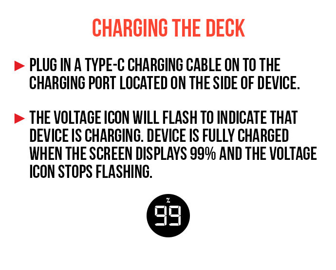 WULF Deck charging guide: plug a USB-C cable into the port on the side, the voltage icon flashes while charging and stops at 99 percent when full