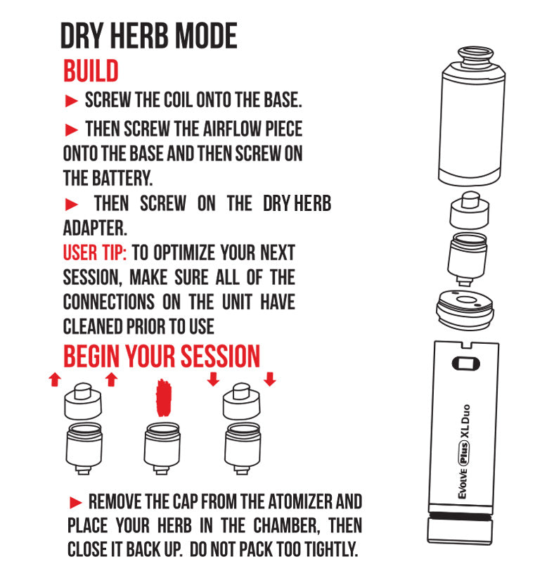 WULF Evolve Plus XL Duo dry herb mode guide: screw the coil onto the base, fit the airflow piece, add the dry herb adapter and load the chamber