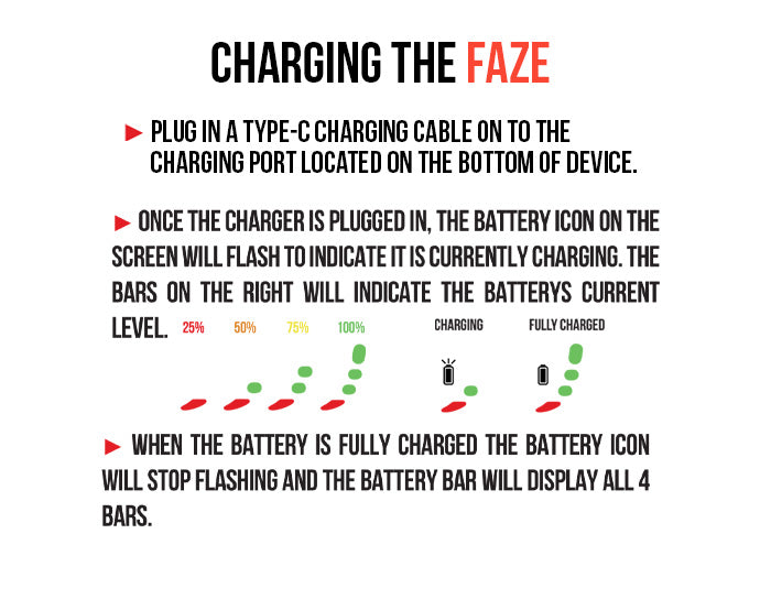 WULF Faze charging guide: plug a USB-C cable into the port on the bottom, the battery icon flashes while charging and shows four bars when full