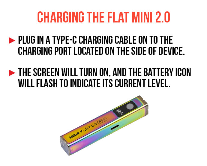 WULF Flat Mini 2.0 charging guide: plug a USB-C cable into the charging port on the side, the screen turns on and the battery icon flashes