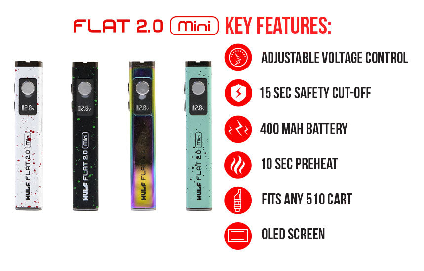 WULF Flat Mini 2.0 key features: adjustable voltage control, 15 second safety cut off, 400mAh battery, 10 second preheat, fits any 510 cartridge and OLED screen
