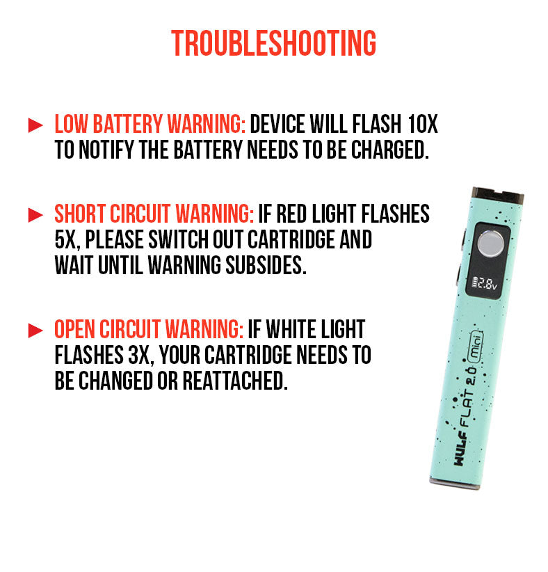 WULF Flat Mini 2.0 troubleshooting guide covering low battery, short circuit and open circuit warnings