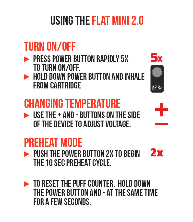WULF Flat Mini 2.0 usage guide covering power, temperature adjustment, preheat mode and resetting the puff counter