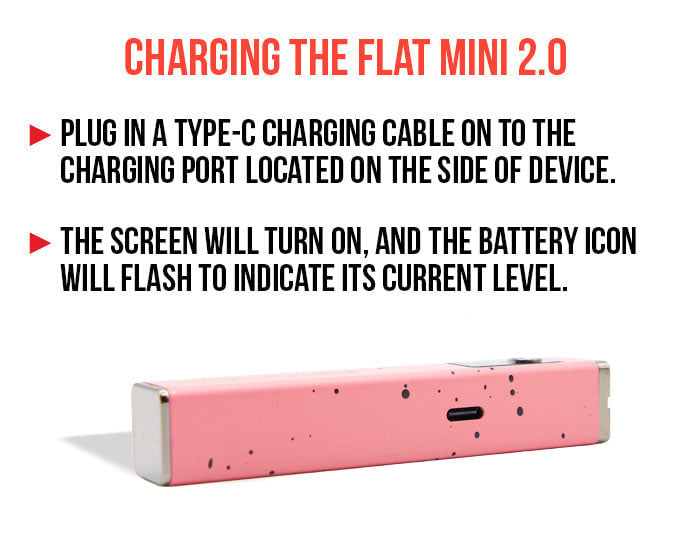 WULF Flat Mini 2.0 charging guide: plug a USB-C cable into the port on the side, the screen turns on and the battery icon flashes to show the current level