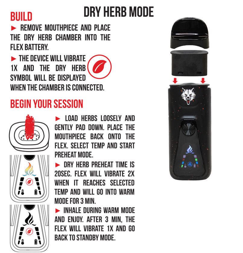WULF Flex dry herb mode guide: fit the dry herb chamber, load herb loosely, pack it down and start the preheat cycle