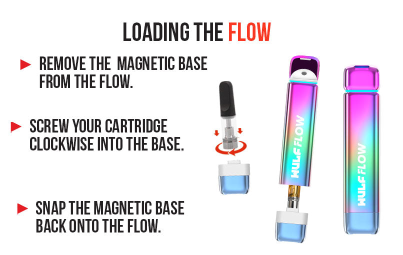 WULF Flow loading guide: remove the magnetic base, screw the cartridge clockwise into the base and snap the base back onto the Flow