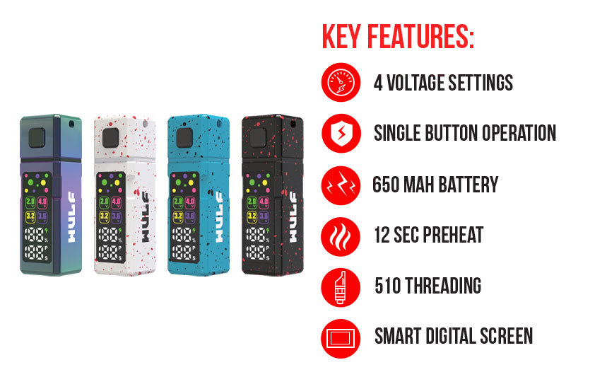 WULF Grid key features: 12 second preheat, USB-C charging, variable voltage, digital display, 510 threading and 650mAh battery