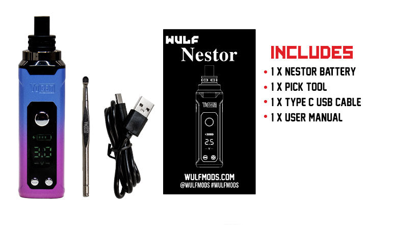 WULF Nestor box contents: one Nestor battery, one pick tool, one USB-C cable and one user manual