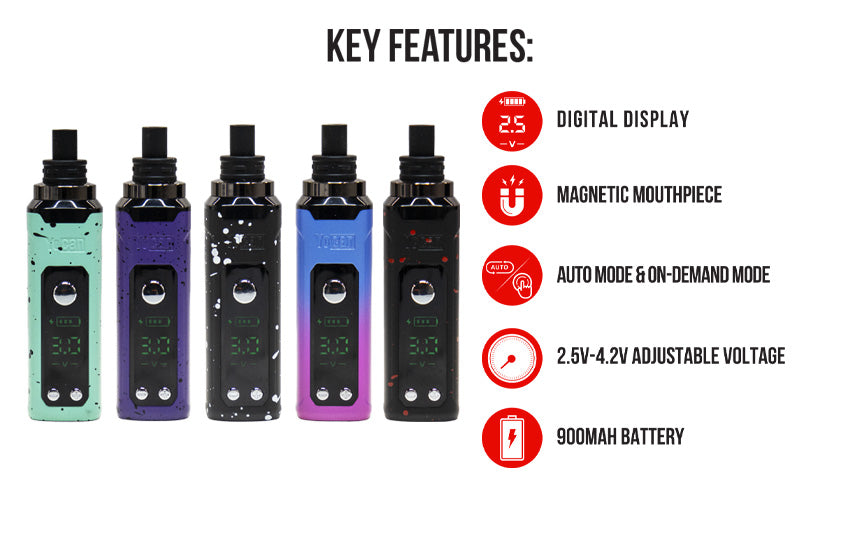 WULF Nestor key features: digital display, magnetic mouthpiece, auto mode and on demand mode, 2.8 to 4.2V adjustable voltage and 900mAh battery