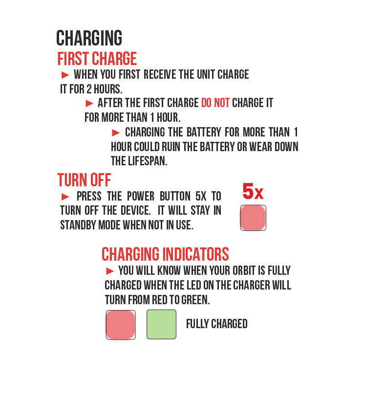 WULF Orbit charging guide covering first charge, power off and the charging indicator turning from red to green