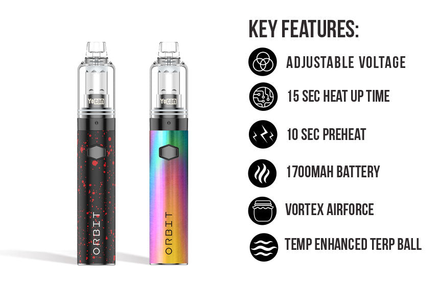 WULF Orbit key features: adjustable voltage, 15 second heat up time, 10 second preheat, 1700mAh battery, vortex airforce and temperature enhanced terp ball