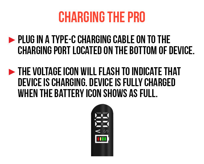 WULF Pro charging guide: plug a USB-C cable into the port on the bottom, the voltage icon flashes while charging and the battery icon shows full when complete