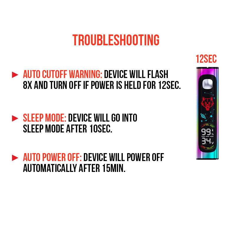 WULF Pro Digit troubleshooting guide covering auto cutoff, sleep mode and auto power off