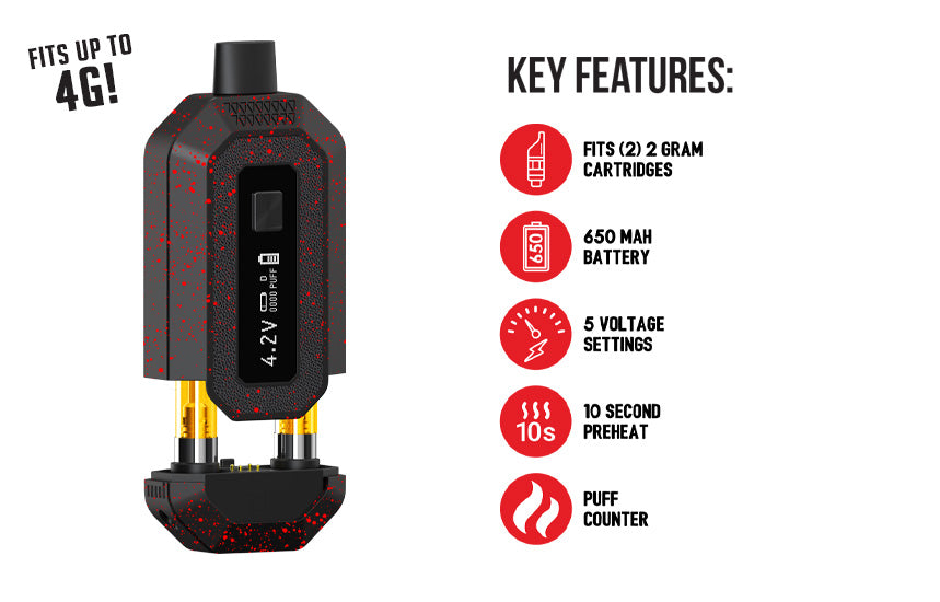 WULF Recon 4G key features: fits up to two 4G cartridges, 650mAh battery, three voltage settings, 10 second preheat and puff counter