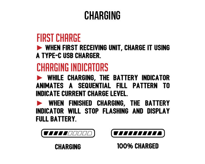 WULF Recon Pro charging guide showing the sequential battery indicator while charging and a full battery display when complete
