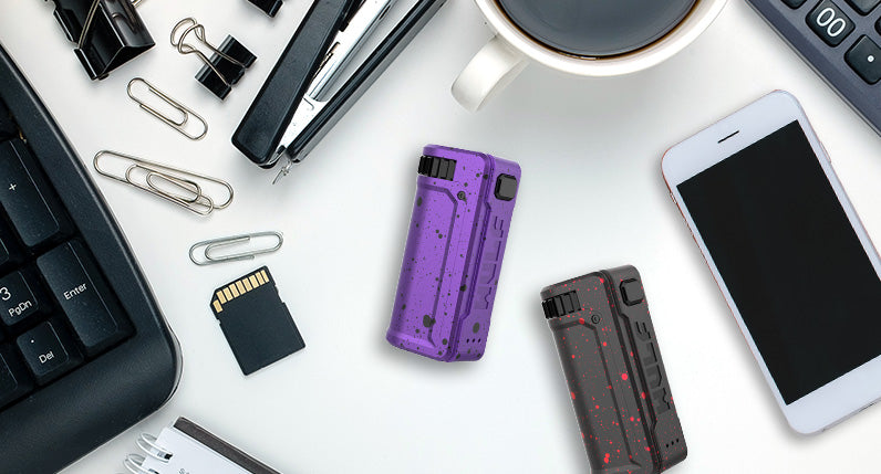 Purple and Black Spatter Wulf UNI S laying down on office table