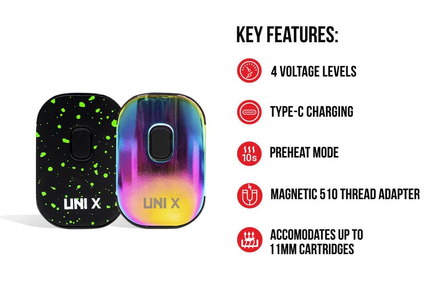 WULF Uni X key features: four voltage levels, USB-C charging, preheat mode, magnetic 510 thread adapter and fits cartridges up to 1.1mm