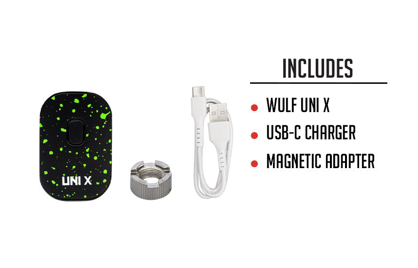WULF Uni X box contents: one Uni X, a USB-C charger and a magnetic adapter