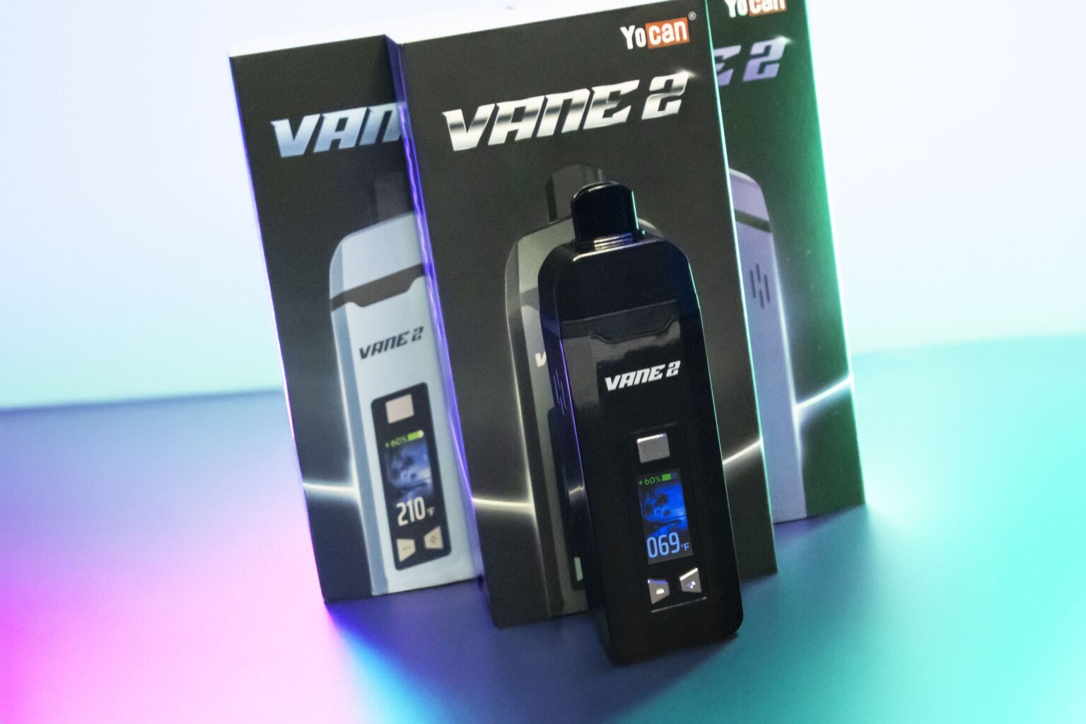 Yocan Vane 2 vape device packaging on a gradient background